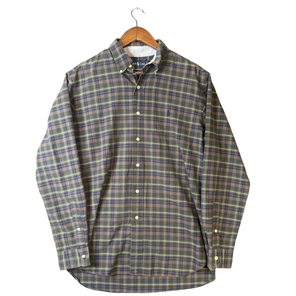Polo Ralph Lauren Mens Classic Fit Plaid Button Down Shirt Green Navy Red Size M